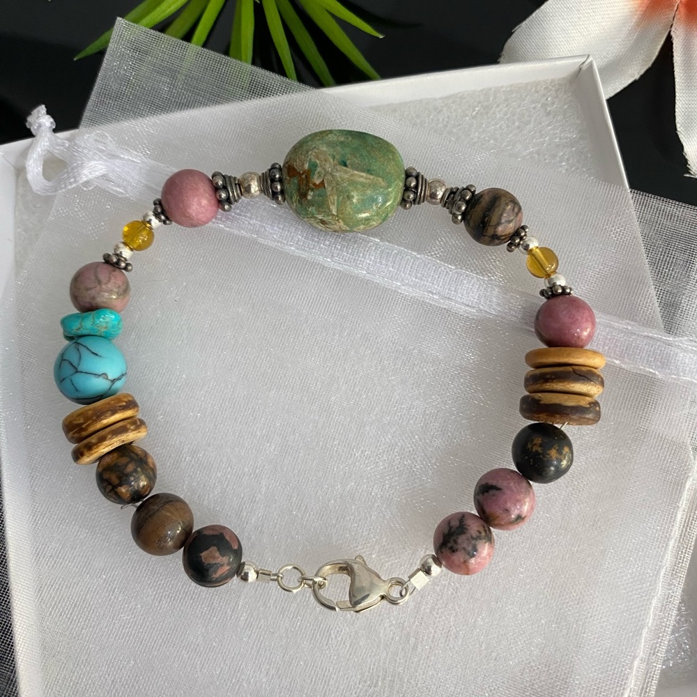 Sterling Silver Rhodonite & Turquoise Beaded Bracelet 925